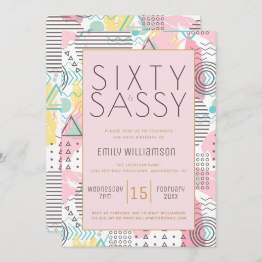 Zestig en eenvoudig roze 1980s Memphis Design 60th Kaart (Voorkant / Achterkant)