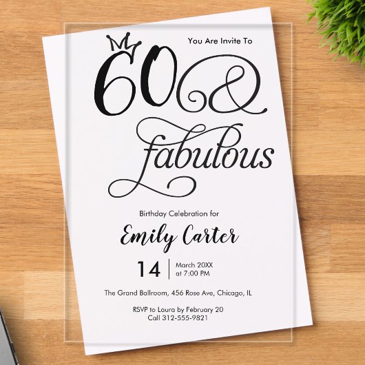 Zestig en Fabulous Script 60e Verjaardagsfeest Acryl Uitnodigingen