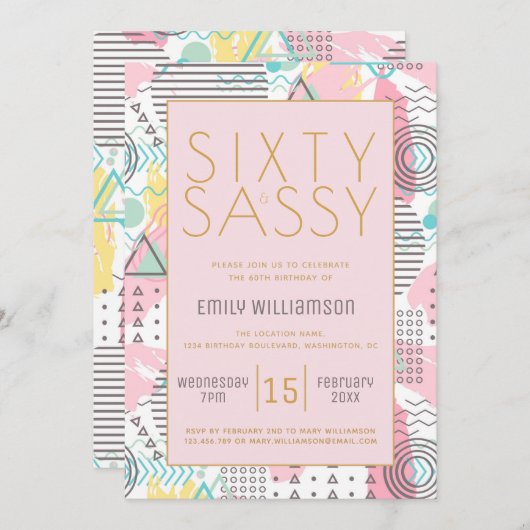 Zestig en pittig roze retro 60e verjaardagsfeestje kaart (Voorkant / Achterkant)