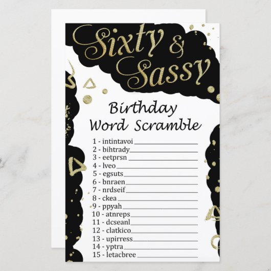 Zestig en sassy Birthday Word Scramble Game (Voorkant / Achterkant)