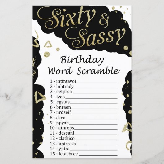 Zestig en sassy Birthday Word Scramble Game (Voorkant)