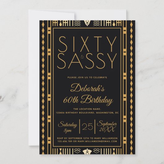 Zestig en Sassy Zwart Goud Elegant Roaring 20s 60t Kaart (Voorkant)