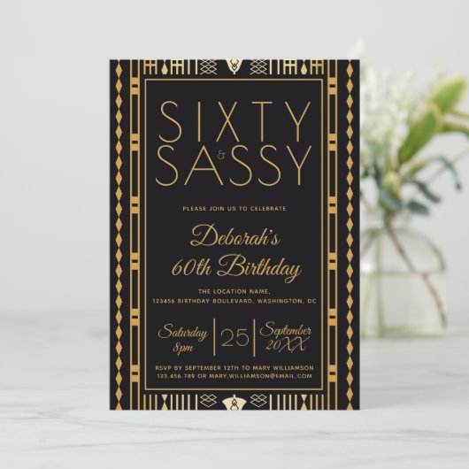 Zestig en Sassy Zwart Goud Elegant Roaring 20s 60t Kaart (Staand voorkant)