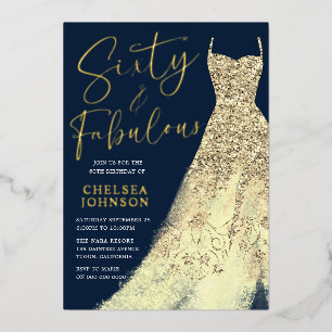 Zestig & Fabulous! Glitterende gouden jurk 60ste v Folie Uitnodiging