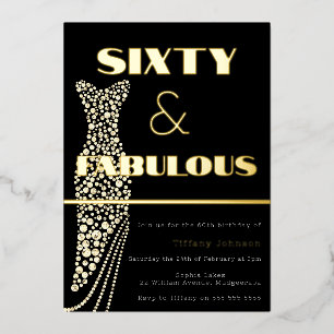 Zestig & Fabulous Vintage Jurk Goud 60ste Verjaard Folie Uitnodiging