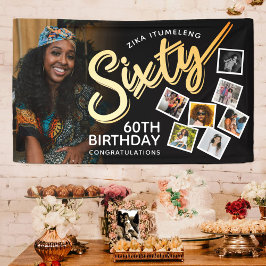 Zestig gouden 60e verjaardag foto's op zwart spandoek