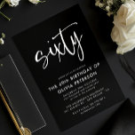 zestig | Modern 60e Wit op Black Birthday Party Kaart<br><div class="desc">Deze moderne, witte op zwarte, 60e verjaardagsfeestuitnodiging is voorzien van stijlvolle moderne typografie. Het woord "zestig" komt voor in kalligrafie in scriptstijl. Perfect voor het zetten van de stijlvolle toon voor een prachtige, zestigste verjaardagsfeest. Het kleurenschema van de uitnodiging is eenvoudig aan te passen - zowel de achtergrond als de...</div>