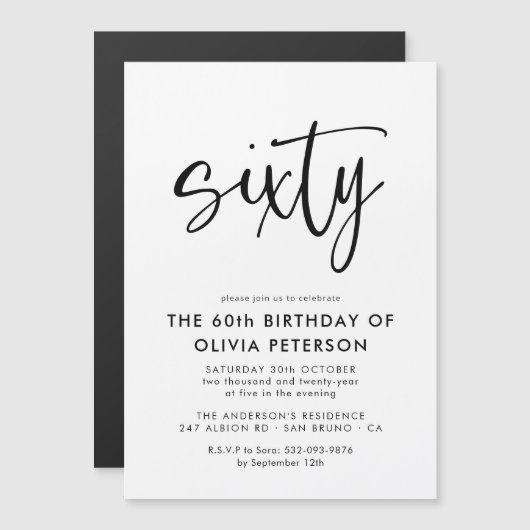 zestig | Modern 60e zwart-wit verjaardagsfeest Magnetische Uitnodiging (Voorkant / Achterkant)