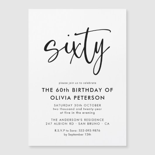 zestig | Modern 60e zwart-wit verjaardagsfeest Magnetische Uitnodiging (Voorkant)