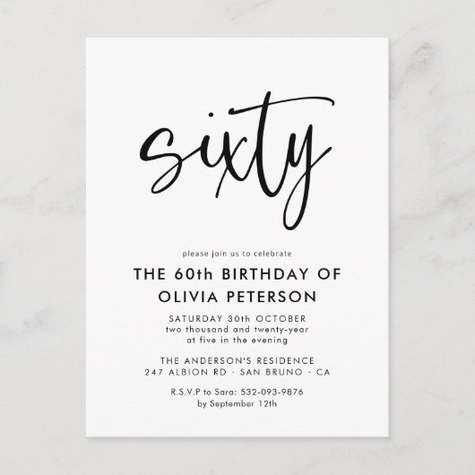 zestig | Modern 60e zwart-wit verjaardagsfeest Uitnodiging Briefkaart (Voorkant)