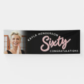 Zestig roze 60ste verjaardag foto op zwart spandoek (Horizontaal)