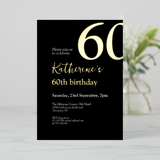 Zestig Zwart Goud Elegant 60ste Verjaardagsfeest Folie Uitnodiging (Staand Voorkant)