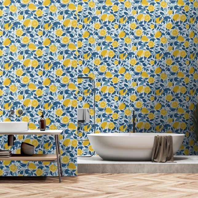 Zesty Lemon Garden - Helder geel en blauw Behang (Badkamer)