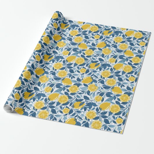 Zesty Lemon Garden - Helder geel en blauw Cadeaupapier (Uitgerold)