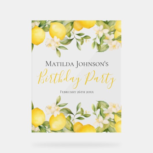 Zesty Lemons Leuk Geel Verjaardagsfeest Acryl Bord (Voorkant)