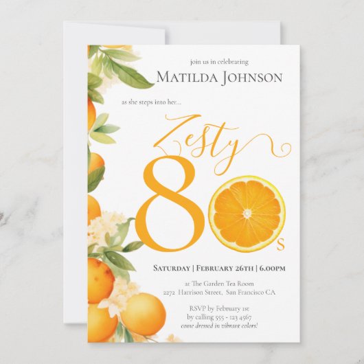 Zesty Oranje Plezier 80e Verjaardagsfeestuitnodigi Kaart (Voorkant)