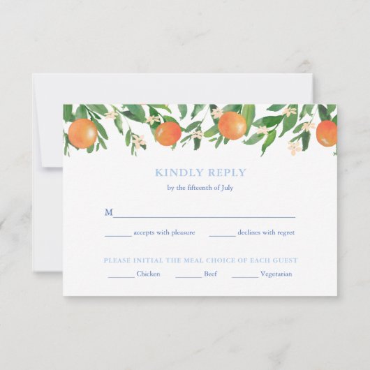 Zesty Sinaasappels Blauwe Tegels Bruiloft Maaltijd RSVP Kaartje (Achterkant)