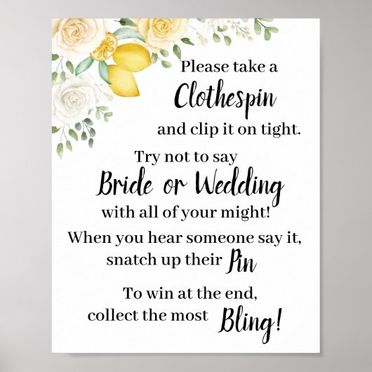 Zet een wasknijper Citroenen & Rozen Bruidsshowers Poster (Voorkant)