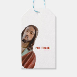 Zet het terug grappige Jezus op witte achtergrond Cadeaulabel