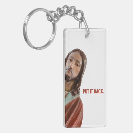 Zet het terug grappige Jezus op witte achtergrond Sleutelhanger (Voorkant Links)