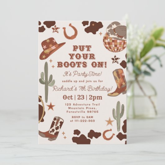 Zet je laarzen op Rodeo Boy verjaardagsfeestje Kaart (Staand voorkant)