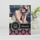 ZET SIXTEEN, PINK GLITTER, ZWARTE DAMASK KAART (Staand voorkant)