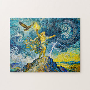 Zeus op rotsen in de storm met bliksemschicht en a legpuzzel