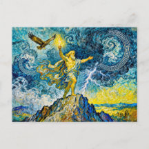 Zeus op rotsen in een storm met bliksemschicht en 