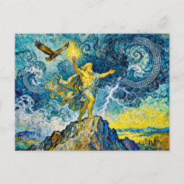 Zeus op rotsen in een storm met bliksemschicht en  briefkaart