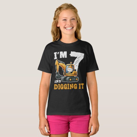 Zeven 7 jaar 7e Verjaardag Digger Boy Construction T-shirt (Voorkant volledig)