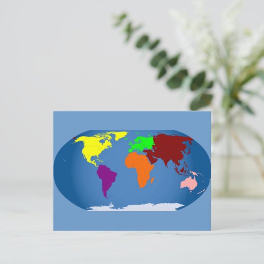 Zeven continenten gekleurd briefkaart (Staand voorkant)