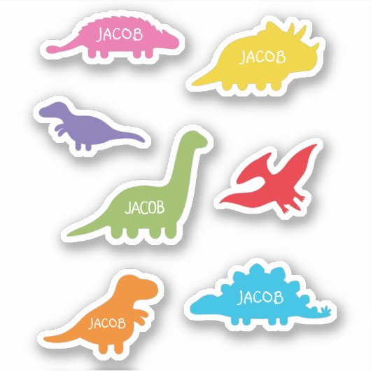 Zeven dinosaurus silhouetten, Kinder gepersonalise Sticker (Voorkant)
