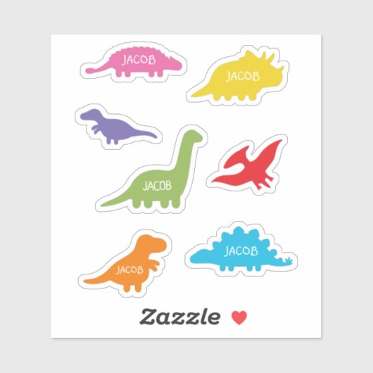 Zeven dinosaurus silhouetten, Kinder gepersonalise Sticker (Vel)