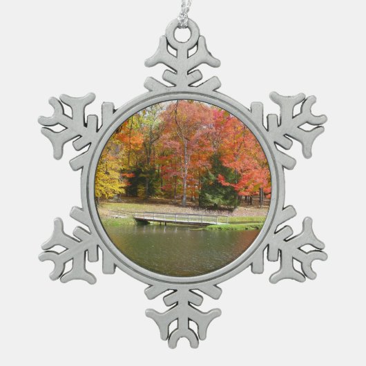 Zeven Herfst Bridge III Autumn Landschap Tin Sneeuwvlok Ornament (Voorkant)