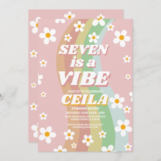 Zeven is een Vibe Retro 7e Groovy Roze Meisje 1970 Kaart (Voorkant / Achterkant)