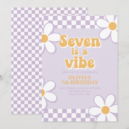 Zeven is een Vibe Retro Check Paarse Daisy Kaart (Voorkant / Achterkant)