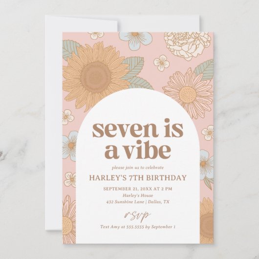 Zeven is een Vibe Retro Floral 7e verjaardag Kaart (Voorkant)