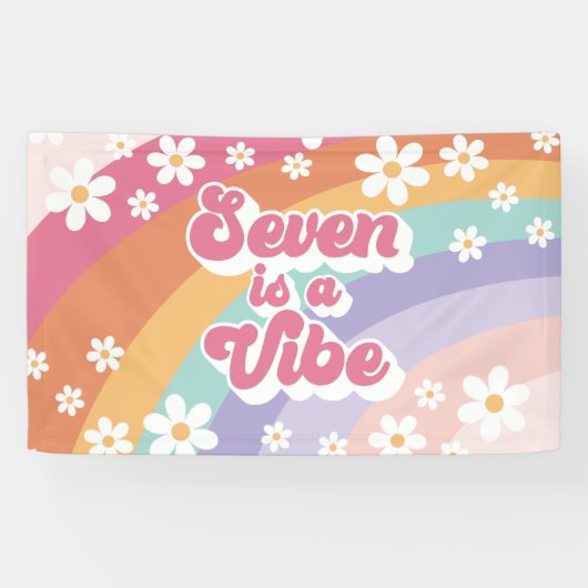 Zeven is een Vibe Retro Rainbow 7e verjaardag Spandoek (Horizontaal)