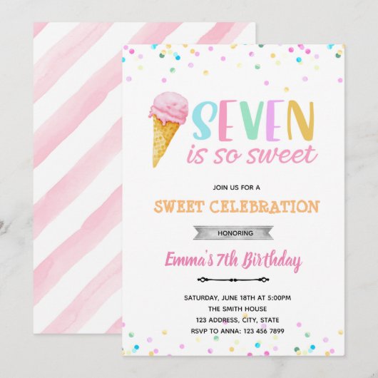 Zeven is zo'n zoete ijsje-uitnodiging kaart (Voorkant / Achterkant)