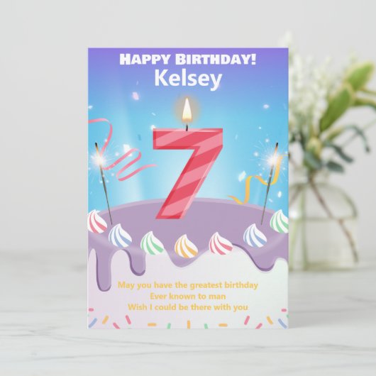 Zeven jaar oude Happy Birthday-kaart op maat (Staand voorkant)