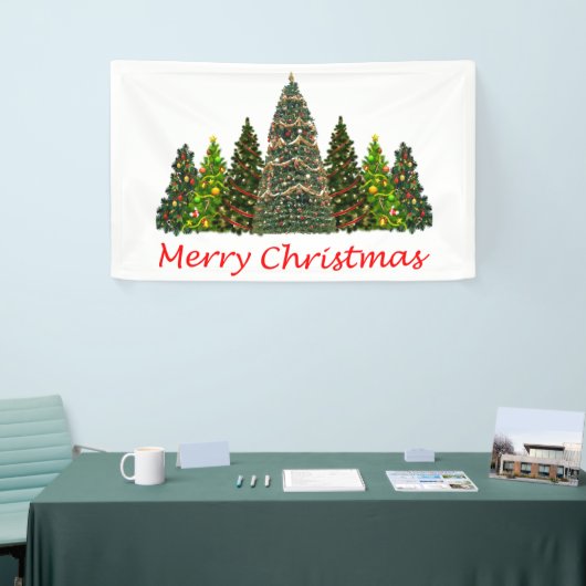 Zeven kerstbomen, vrolijk kerstfeest spandoek (Beurs)