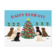 Zeven labradors en kerstboom