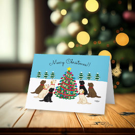 Zeven labradors en kerstboom feestdagen kaart