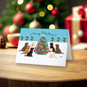 Zeven labradors en kerstboom feestdagen kaart