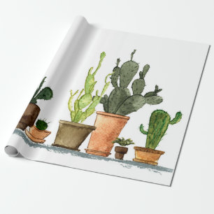 Zeven met de hand getrokken groene waterverf cactu cadeaupapier