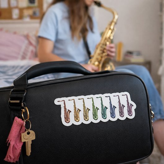 Zeven Regenboog Saxofoons Kleurrijke Instrumenten Sticker