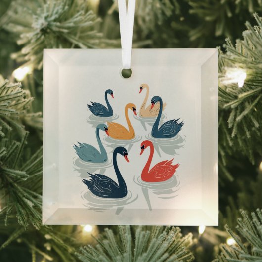Zeven zwanen Een zwemmen cut-out stencil-stijl 7 Glas Ornament (Insitu)