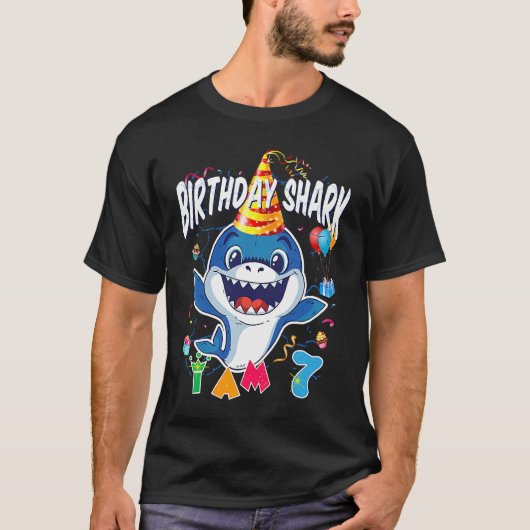 Zevende verjaardag Jongen Shark Birthday Party Ik  T-shirt (Voorkant)