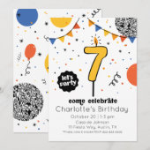 Zevende verjaardag kaars krabbel uitnodiging (Voorkant / Achterkant)