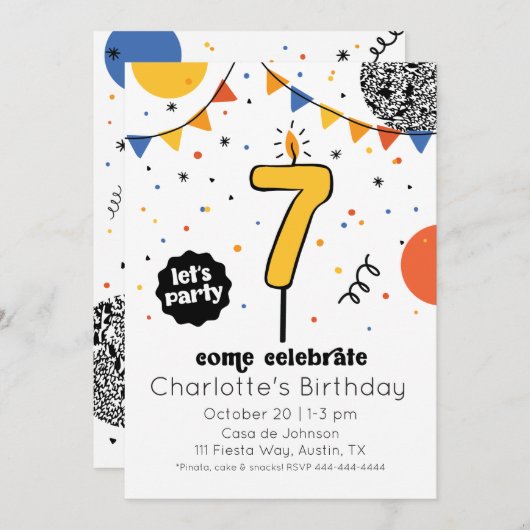 Zevende verjaardag kaars krabbel uitnodiging (Voorkant / Achterkant)